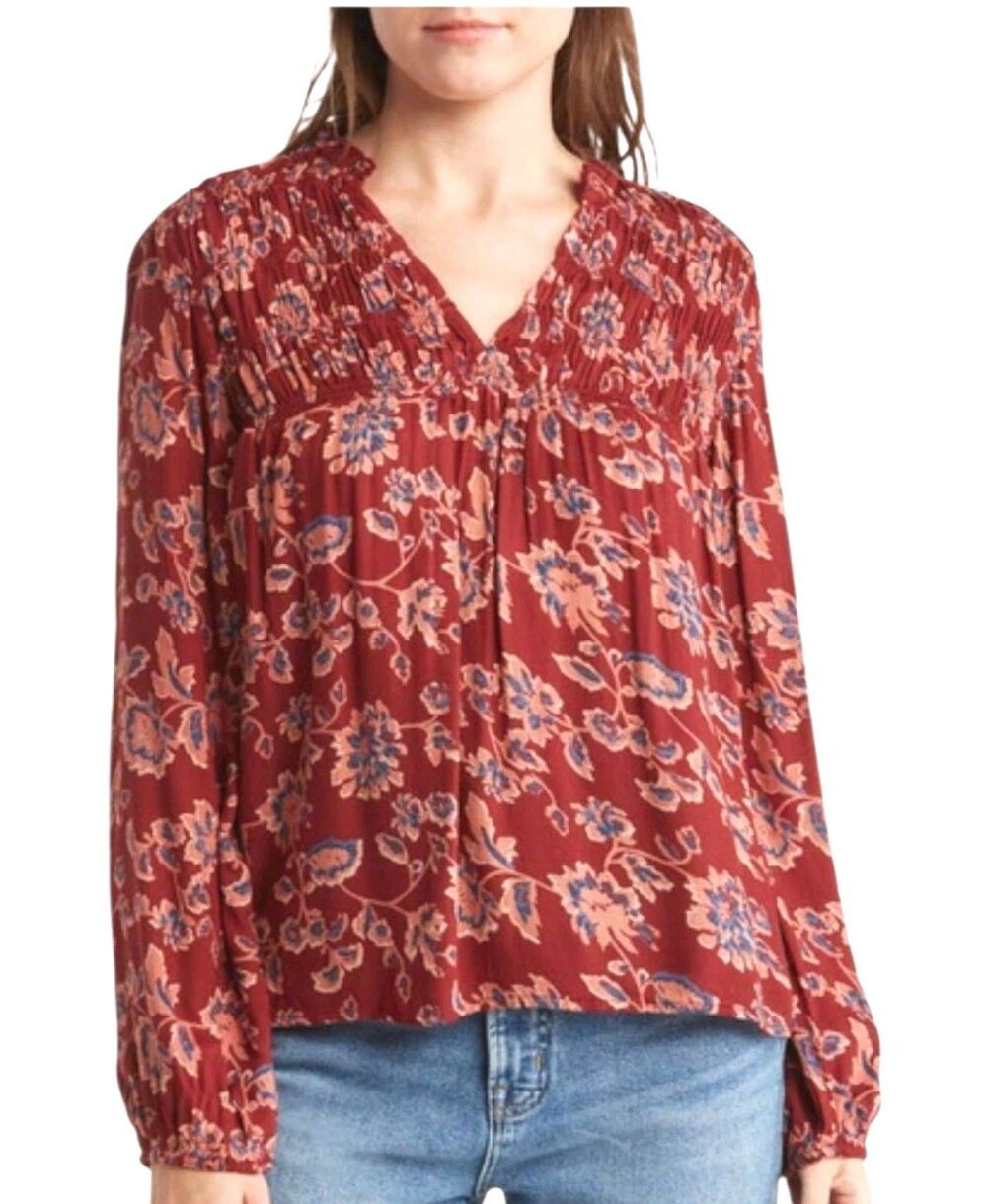 Lucky Brand Women's Blouse M 100% Viscose Long Sleeve V-Neck  Floral Print